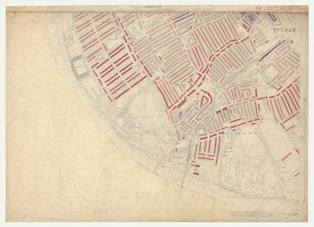 LSE POVERTY OS PROOF MAP Hurlingham - Fulham - Munster - Parsons Green 1928: [Ordnance Survey] Edition of 1916 - London Sheet VIII. 7. Surrey Sheet II. 14 (Part of). Hurlingham - Fulham Palace - Munster - Craven Cottage - Parsons Green. An original unpublished “poverty m