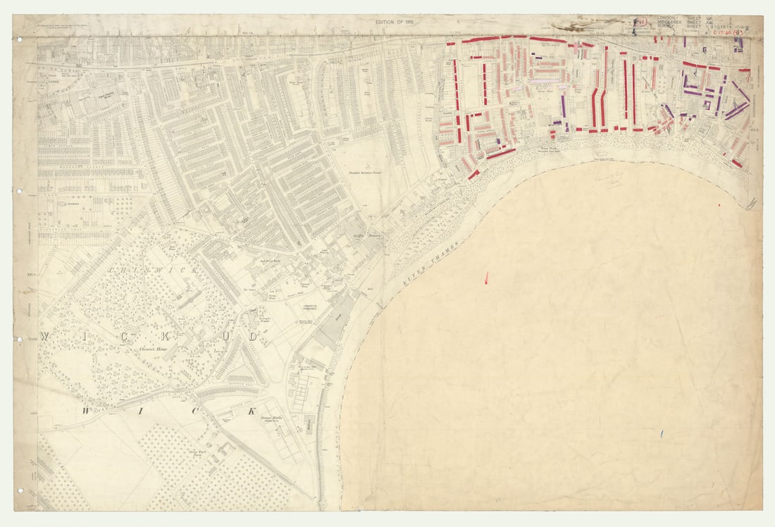 LSE POVERTY OS PROOF MAP Hammersmith - Chiswick -Turnham Green 1928 old: [Ordnance Survey] Edition of 1915 - London Sheet VIII. 2. Middlesex Sheet XXI. 2. Surrey Sheet II. 9. 10. 13. 14 (Parts of). Hammersmith - Chiswick -Turnham Green. An original unpublished “pover
