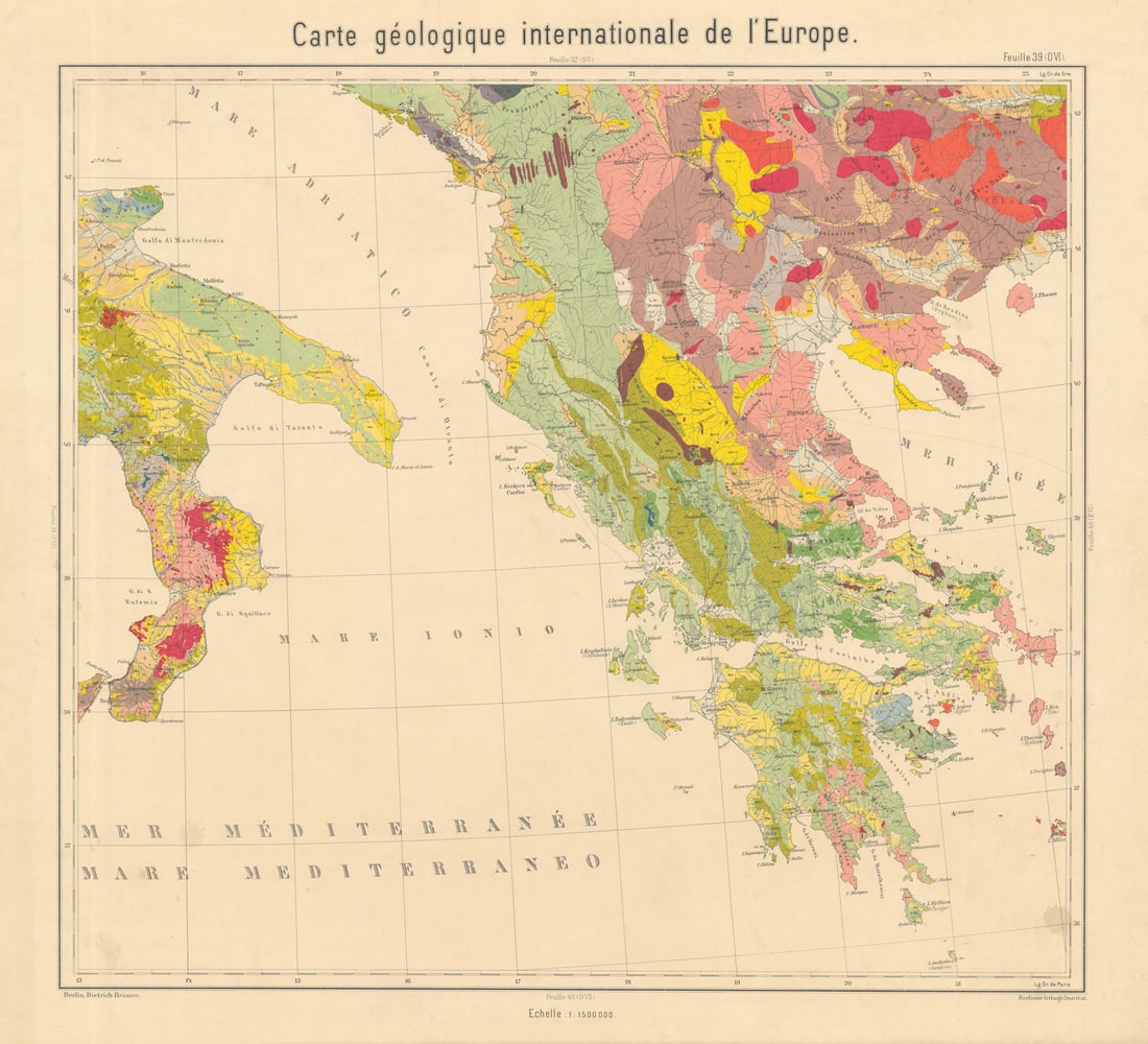 Geological map South Italy, Greece, Albania, North Macedonia. BEYSCHLAG 1898: Carte géologique internationale de l'Europe - Feuille 39 (DVI) - [Southern Italy, Greece & Ionian Sea]. One of a series of geological map sheets together covering the continent of Europe whic