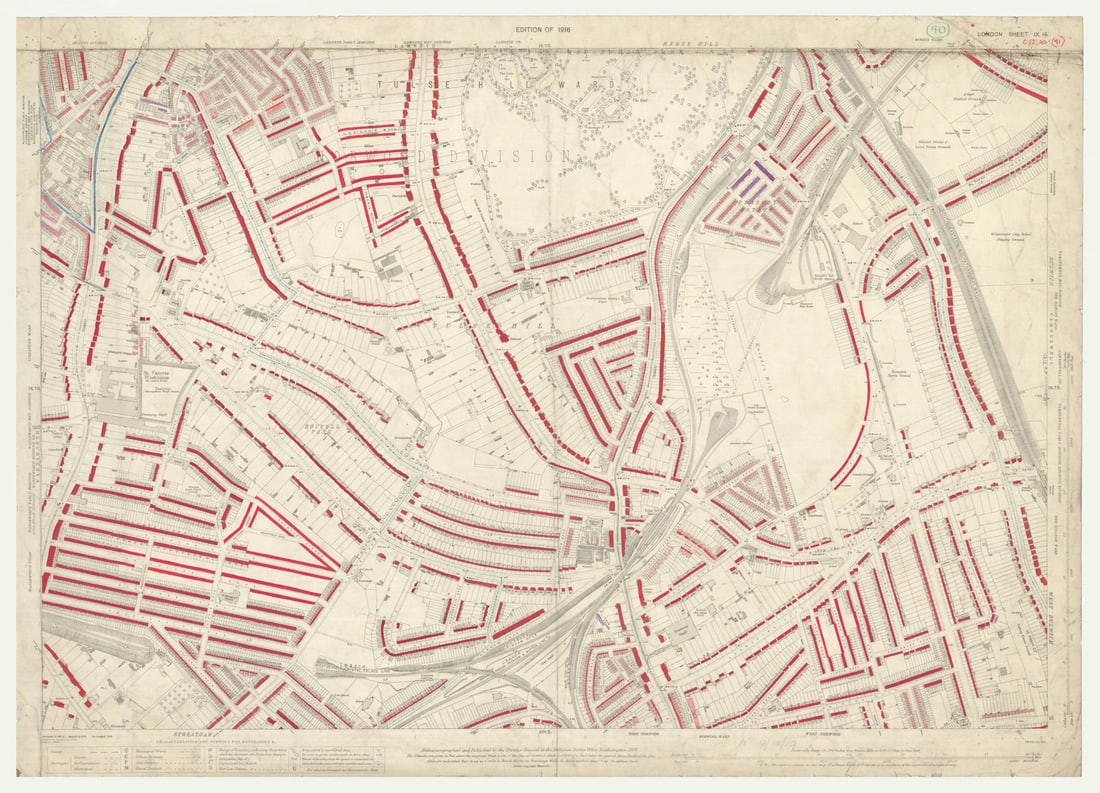 LSE POVERTY OS PROOF MAP Tulse Hill - Streatham Hill - West Dulwich 1928: [Ordnance Survey] Edition of 1916 - London Sheet IX. 14. Tulse Hill - Brockwell Park - Streatham Hill - West Dulwich - Brixton Hill. An original unpublished “poverty map” working proof she