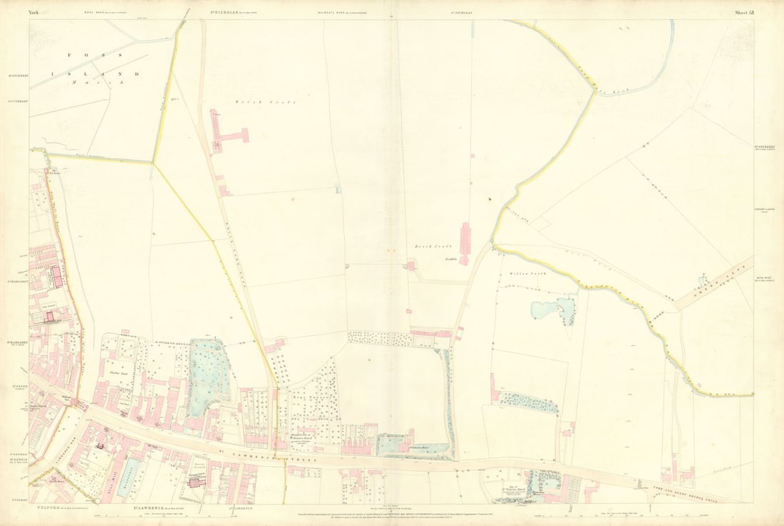 City of York #13 Walmgate Lawrence Street Tang Hall Layerthorpe. OS 1852 map: City of York - Sheet 13 - [Walmgate Bar - Hull Road - Lawrence Street - Heslington Road - Tang Hall Estate - Layerthorpe - Outer Walmgate]. Large scale map sheet of part of the City of York, England.