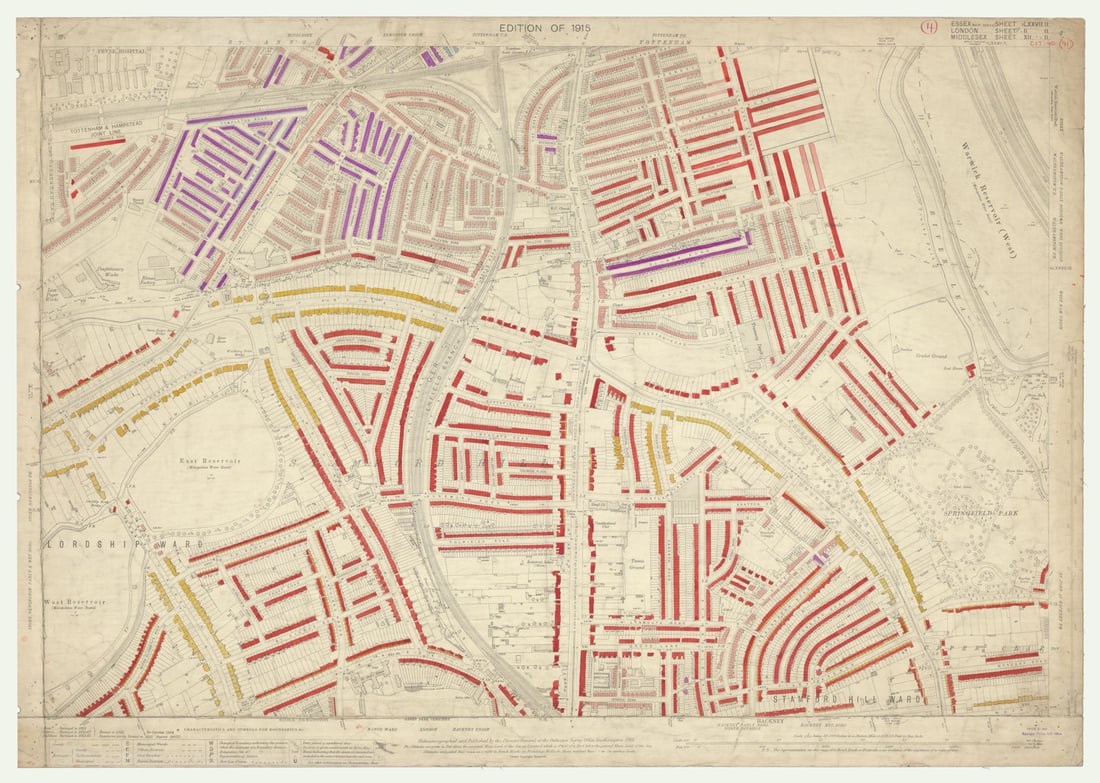 LSE POVERTY OS PROOF MAP South Tottenham Stamford Hill Upper Clapton 1928: [Ordnance Survey] Edition of 1915 - Essex [New Series] Sheet NLXXVII. 11. London Sheet II. 11. Middlesex Sheet XII. 11. South Tottenham - Stoke Newington - Stamford Hill - Upper Clapton - Harringay Wa