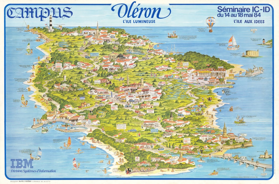 IBM Île d'Oléron Seminar map from the dawn of the Personal Computing age 1984: Oléron - L'Ile Lumineuse. Campus. IBM Division Systèmes d'Information. Séminaire IC-ID du 14 au 18 mai 84 - Ile aux Idees'. A bird's eye view poster for an IBM seminar - then the bigges