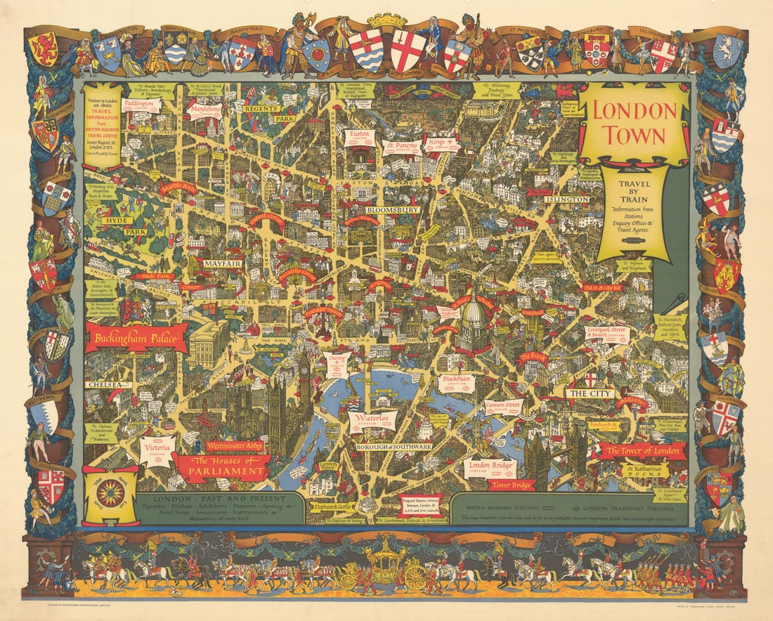 London Town - Travel by Train. 116x94cm Pictorial map by Kerry Lee c1953: London Town - Travel by Train'. A coloured lithograph whimsical pictorial map of central London, with a decorative border. A new edition issued after World War II, with changes and updates made to the