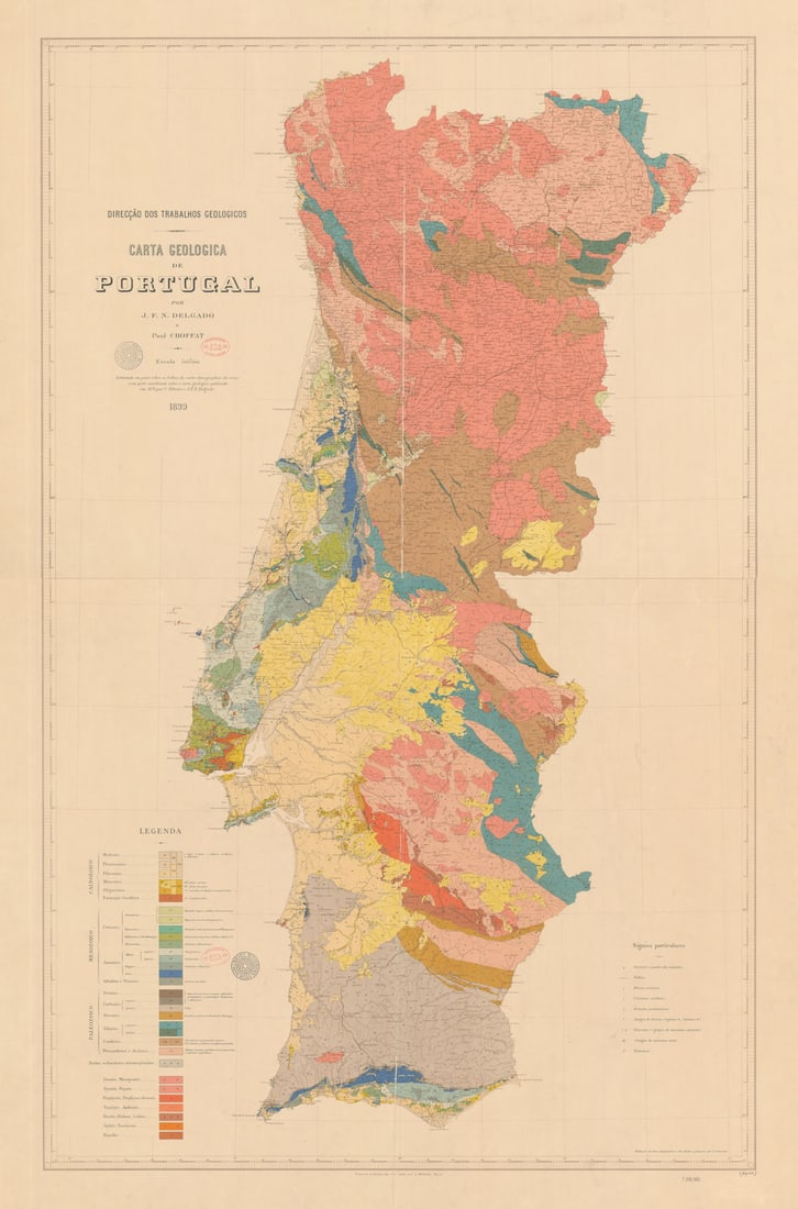 Carta Geologica de Portugal by J.F.N. Delgado & Paul Choffat. 130x85cm 1899 map: Carta Geologica de Portugal'. Direcção dos Trabalhos Geologicos, Joaquim Filipe Nery da Encarnação Delgado & Paul Choffat. Leventada em parte sobre as folhas da carta