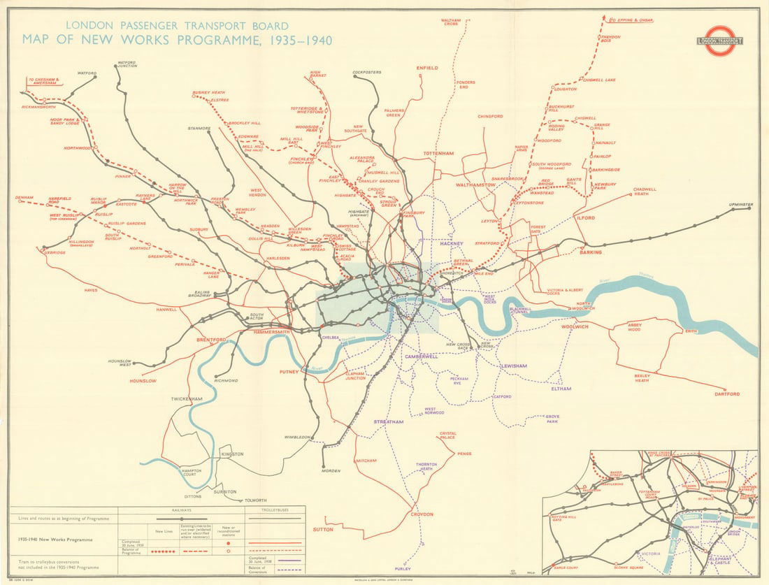 London Passenger Transport Board. 1935-1940 New Works Programme Map. 1938: London Passenger Transport Board. Map of New Works Programme 1935 - 1940 [Print code 38-1054 G 90M]. The LPTB New Works Programme (officially the 1935–1940 New Works Programme) was a major infra