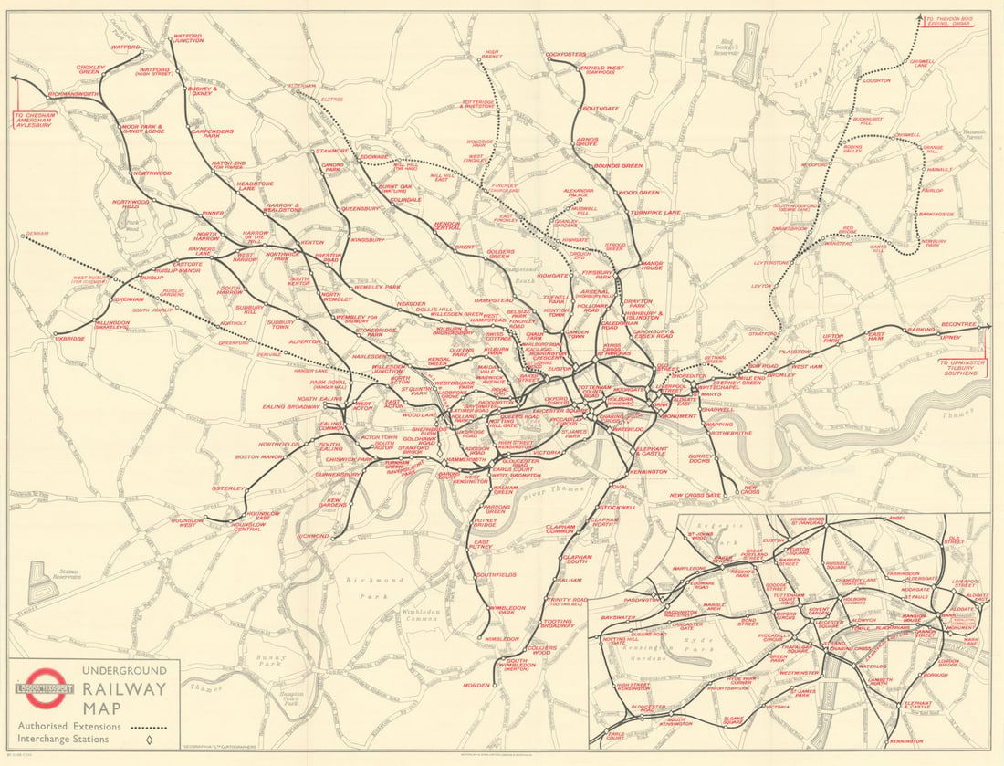 London Transport Underground Railway Map. Central Line & Northern Heights 1937: London Transport Underground Railway Map [Print code 37-3588-7,250]. The map includes several of the extensions authorised under the "New Works Programme", including the Central Line west and east ext