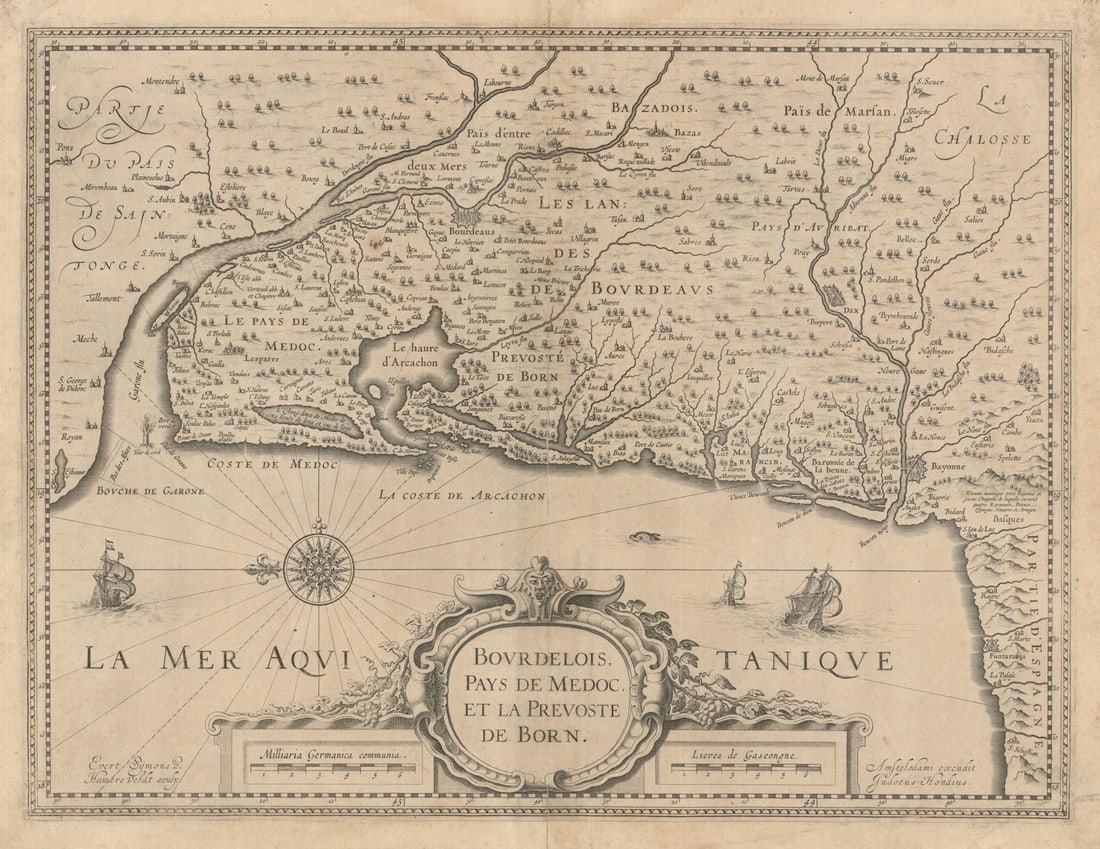 Bourdelois, Pays de Médoc & Prevoste de Born. Gironde/Landes. Hondius c1631 map: Bourdelois, Pays de Medoc et la Prevoste de Born [Bordeaux region, the country of Médoc and the Provostship of Born]. The Bordeaux region, Médoc and the Provostship of Born, now roughly corr