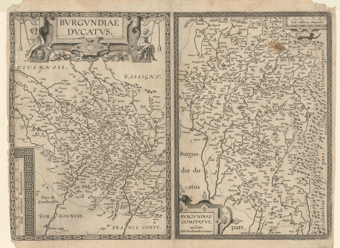 Burgundiae Ducatus & Comitatus. Duchy & County of Burgundy by Ortelius c1612 map: Burgundiae Ducatus - Burgundiae Comitatus [Duchy of Burgundy – County of Burgundy]. Duchy of Burgundy & County of Burgundy. Two maps on one sheet of Burgundy and Franche-Comté regions.