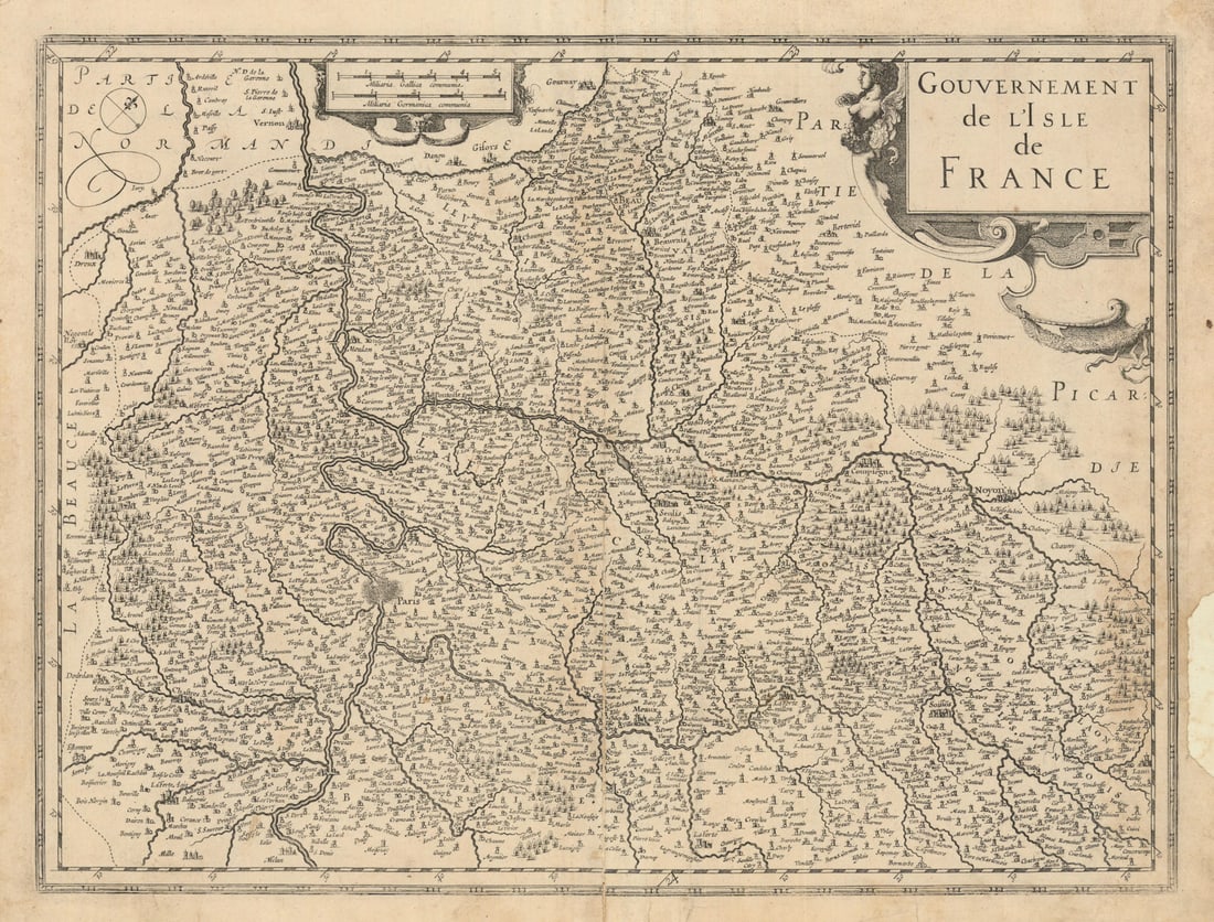 Gouvernement de L'Isle de France. Île-de-France region by Janssonius c1631 map: Gouvernement de L'Isle de France [Province of Île-de-France]. Île-de-France, also including adjacent parts of Oise, Aisne and Eure-et-Loir. The map is orientated towards the north west by Ja