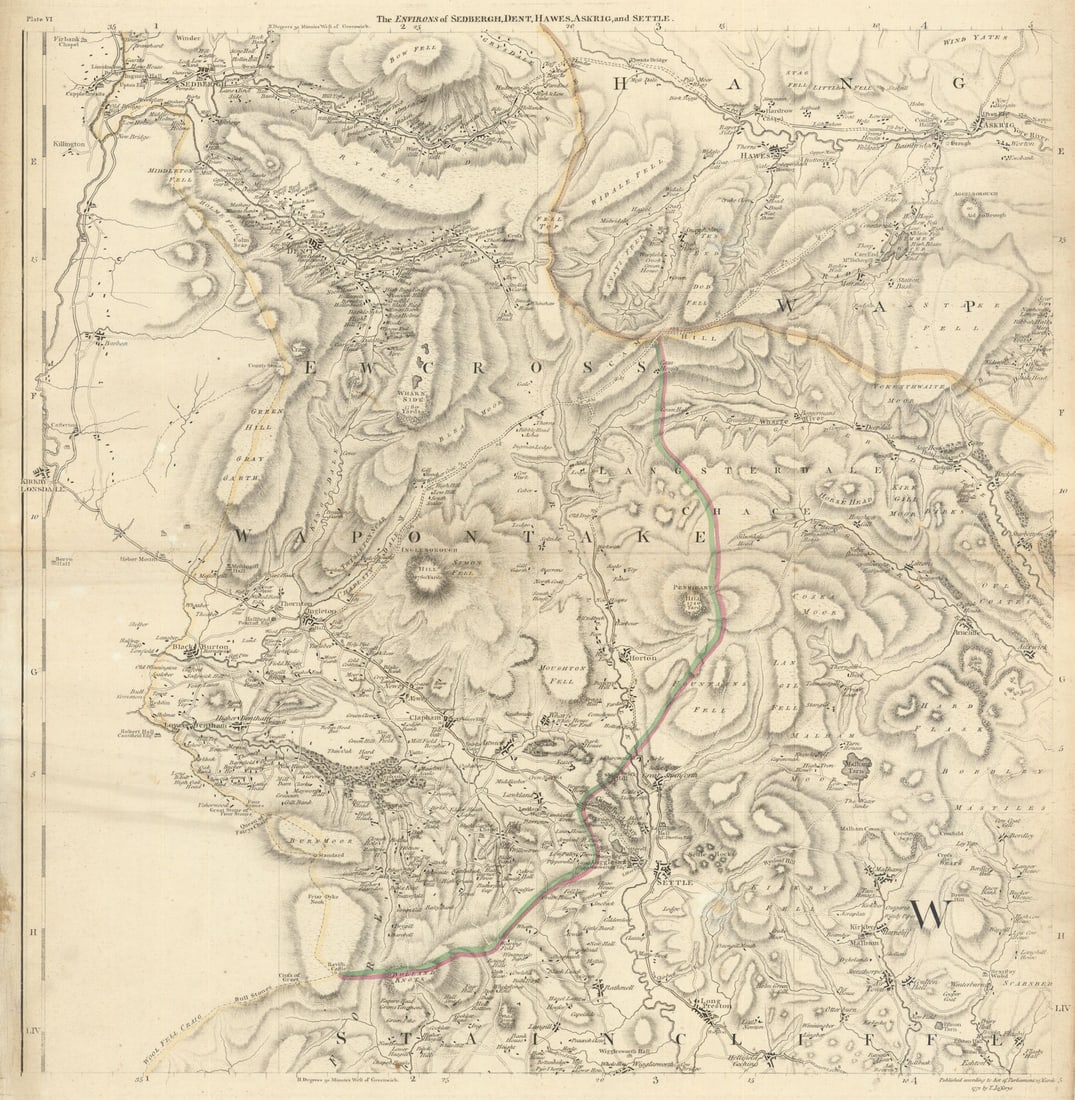 Yorkshire Dales. Sedbergh, Dent, Hawes, Askrigg & Settle. T. Jefferys 1772 map: The Environs of Sedbergh, Dent, Hawes, Askrig[g] and Settle. A beautiful and highly detailed topographical map of part of the West Riding of Yorkshire. Wapentakes are delineated in outline colour. Chu