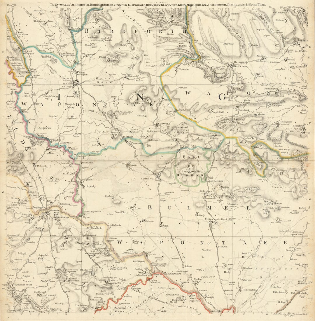 North Yorkshire. Aldborough, Helmsley, Knaresborough & Thirsk. Jefferys 1772 map: The Environs of Aldborough, Borough Bridge, Coxwold, Easingwo[u]ld, Helmsley, Blackmore, Kirbymoorside, Knavesborough, Thirsk and to the North of York. A beautiful and highly detailed topographical ma