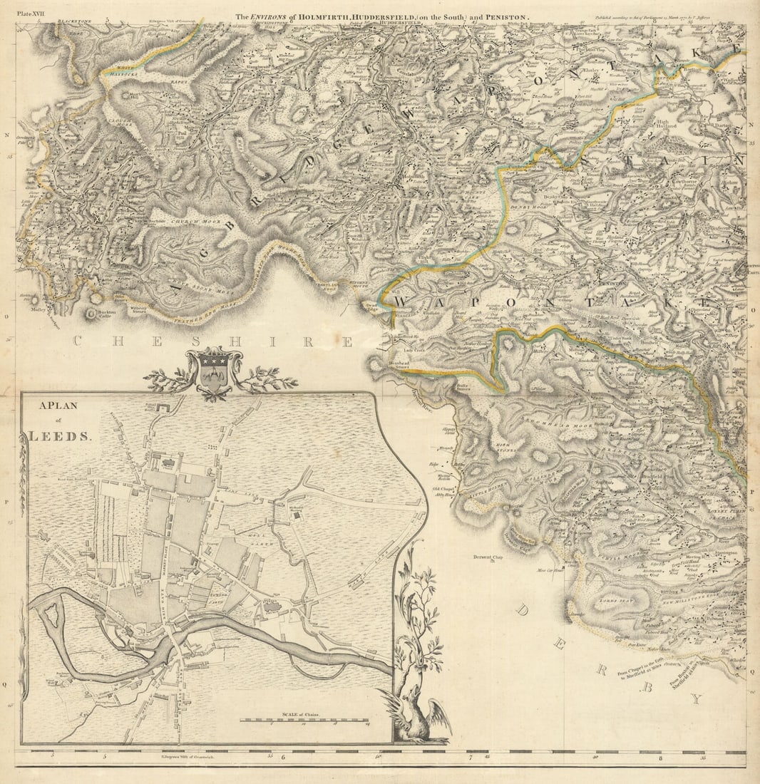 Leeds city plan & South Yorkshire. Holmfirth & Huddersfield. T Jefferys 1772 map: The Environs of Holmfirth, Huddersfield (on the South) and Peniston // A Plan of Leeds'. A beautiful and highly detailed topographical map of part of the West Riding of Yorkshire. Wapentakes are delin