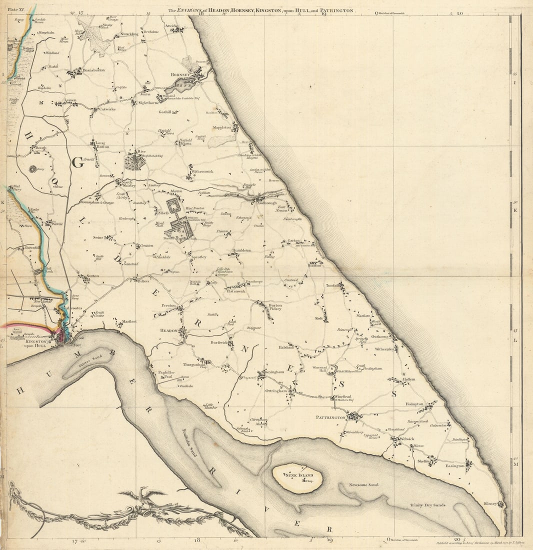 Holderness. Hedon, Hornsea, Kingston upon Hull & Patrington. Jefferys 1772 map: The Environs of Headon, Hornsey, Kingston upon Hull and Patrington'. A beautiful and highly detailed topographical map of part of the East Riding of Yorkshire. Wapentakes are delineated in outline col