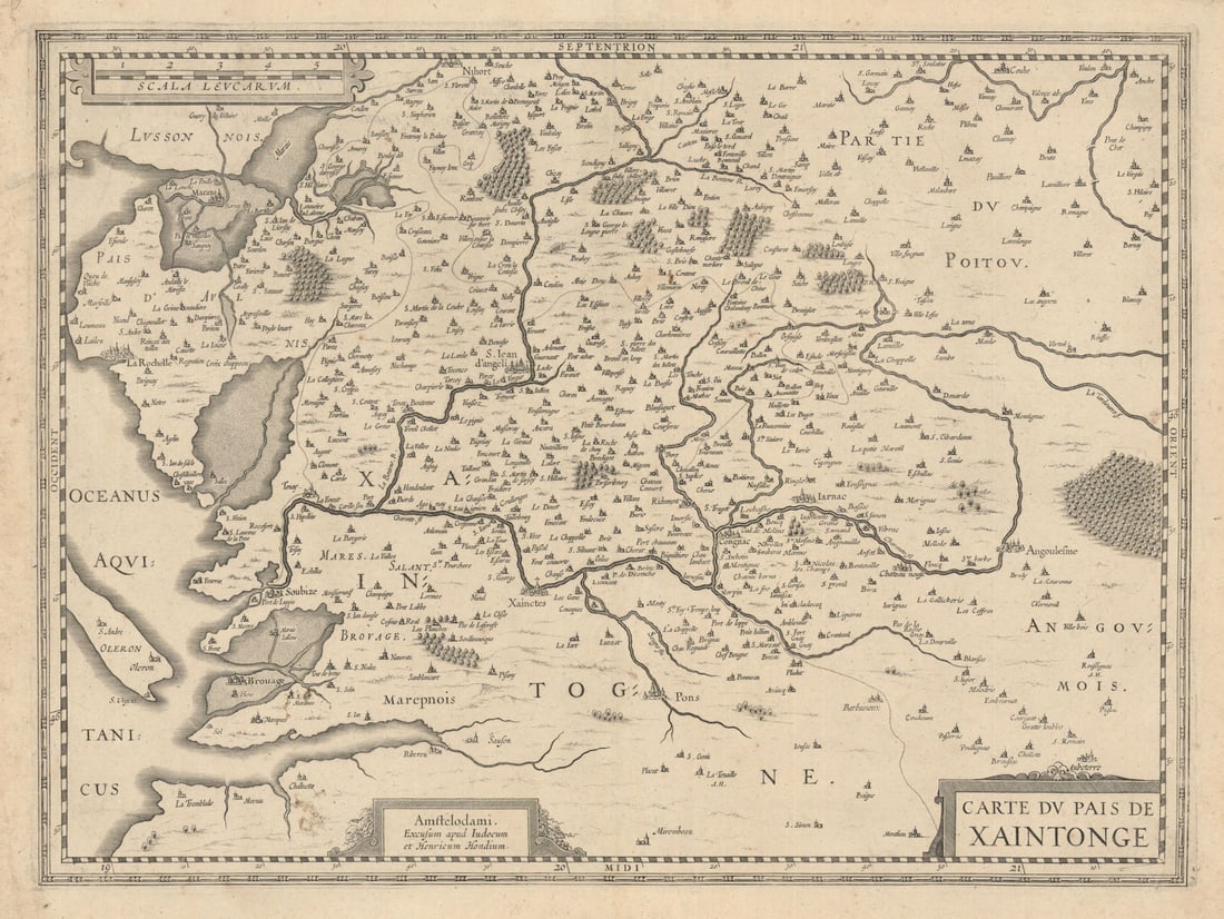 Carte du Pais de Xaintonge. Saintonge. Charente-Maritime. Hondius 1631 old map: Carte du Pais de Xaintonge [Map of the Country of Saintonge]. Map of Saintonge, now roughly corresponding with the northern part of the department of Charente-Maritime . Iodocus and Henricus Hondius.