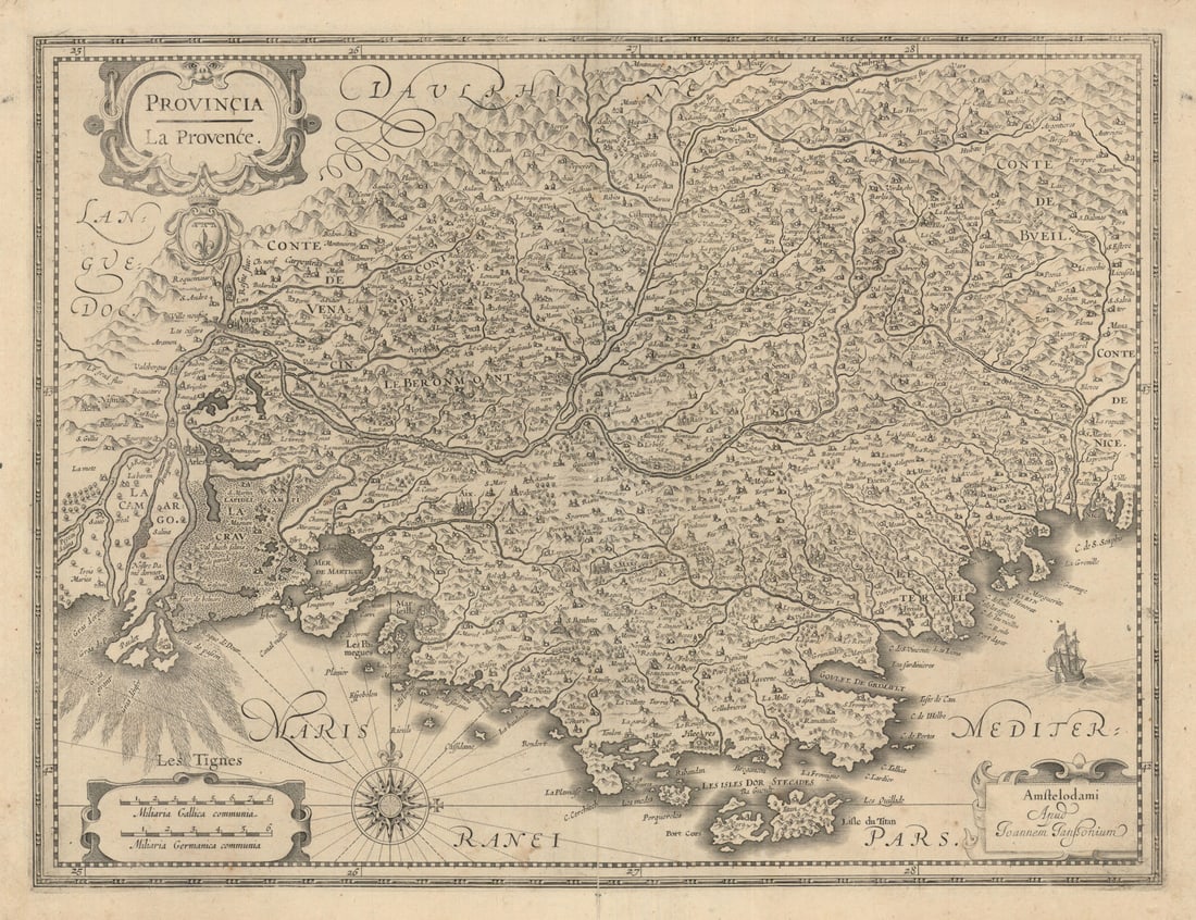 Provincia - La Provence. Provence-Alpes-Côte d’Azur by Janssonius c1631 map: Provincia - La Provence [Provence]. Provence, now roughly corresponding with the most of the Provence-Alpes-Côte d’Azur region including some or all of the departments of Vaucluse, Bouches-