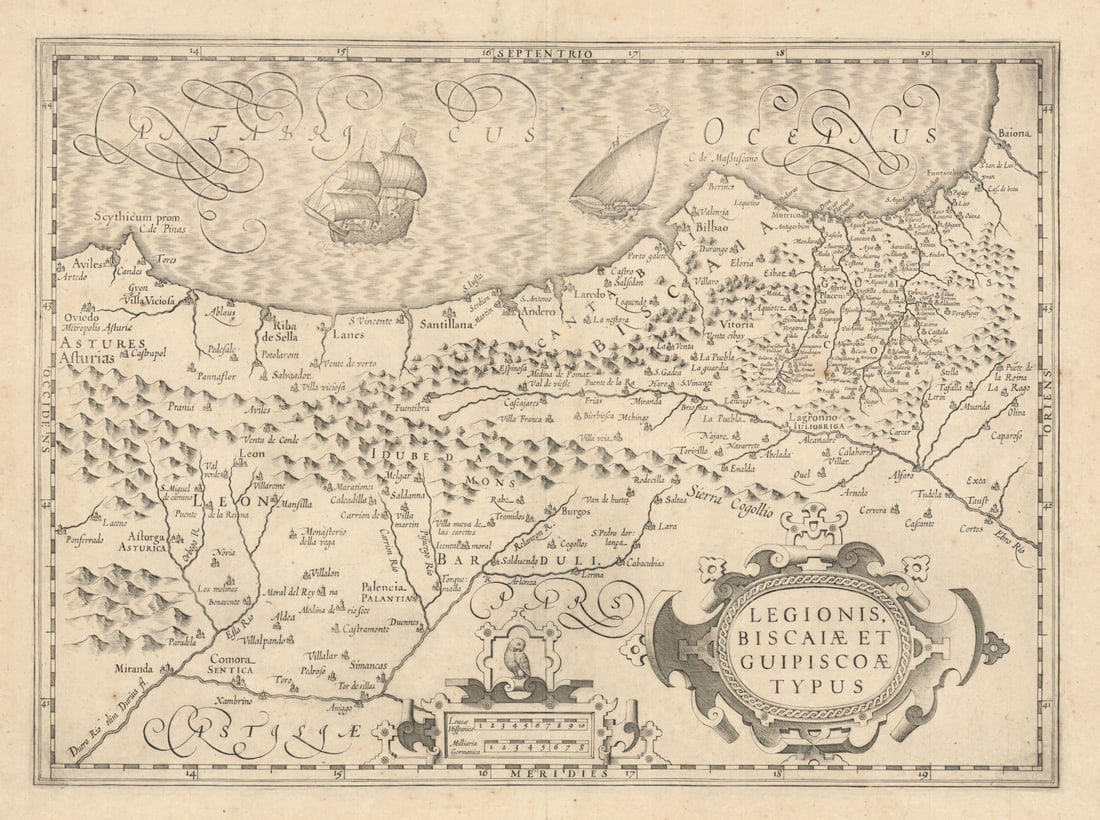 Legionis, Biscaiae et Guipiscoae Typus. País Vasco/Cantabria. Mercator c1636 map: Legionis, Biscaiae et Guipiscoae Typus [Map of León, Biscay and Guipúzcoa]. The Spanish Basque Country (País Vasco) and Cantabria by Mercator, Gerard. Published c1636. Large folio 17th