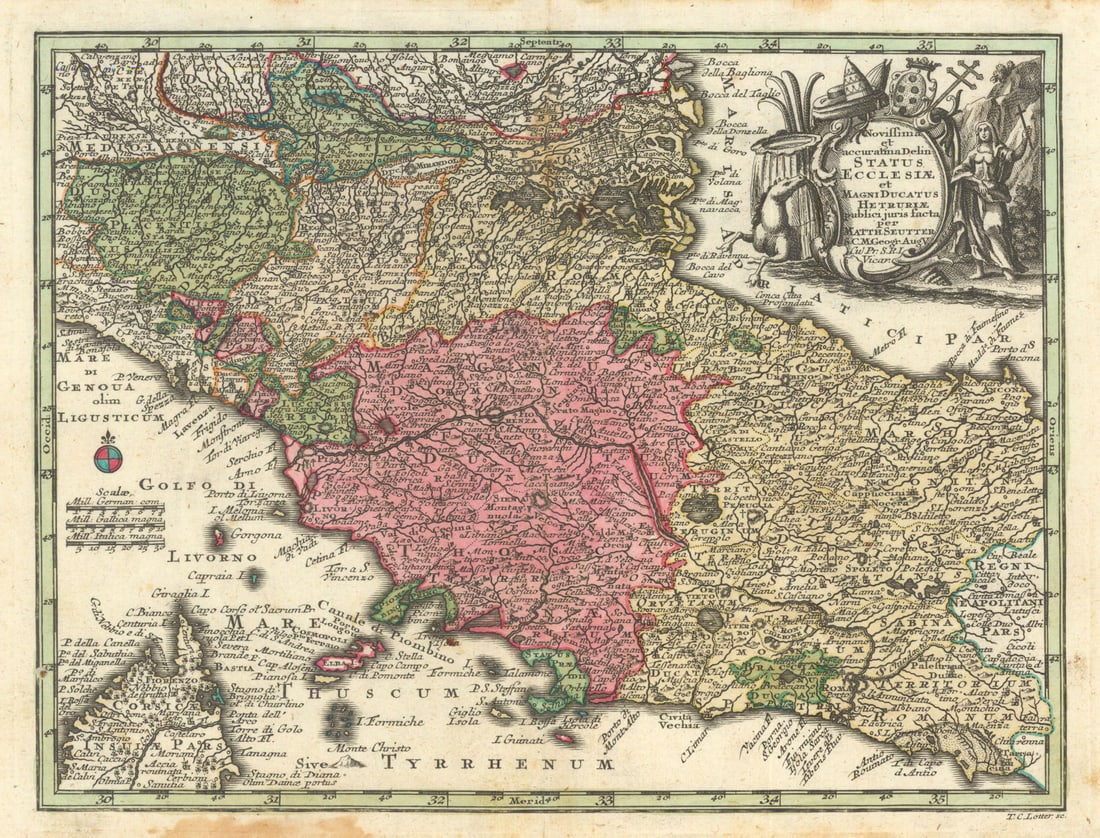 Status Ecclesiae et… Ducatus Hetruriae… Papal States Tuscany. Seutter c1744 map (1 of 1)