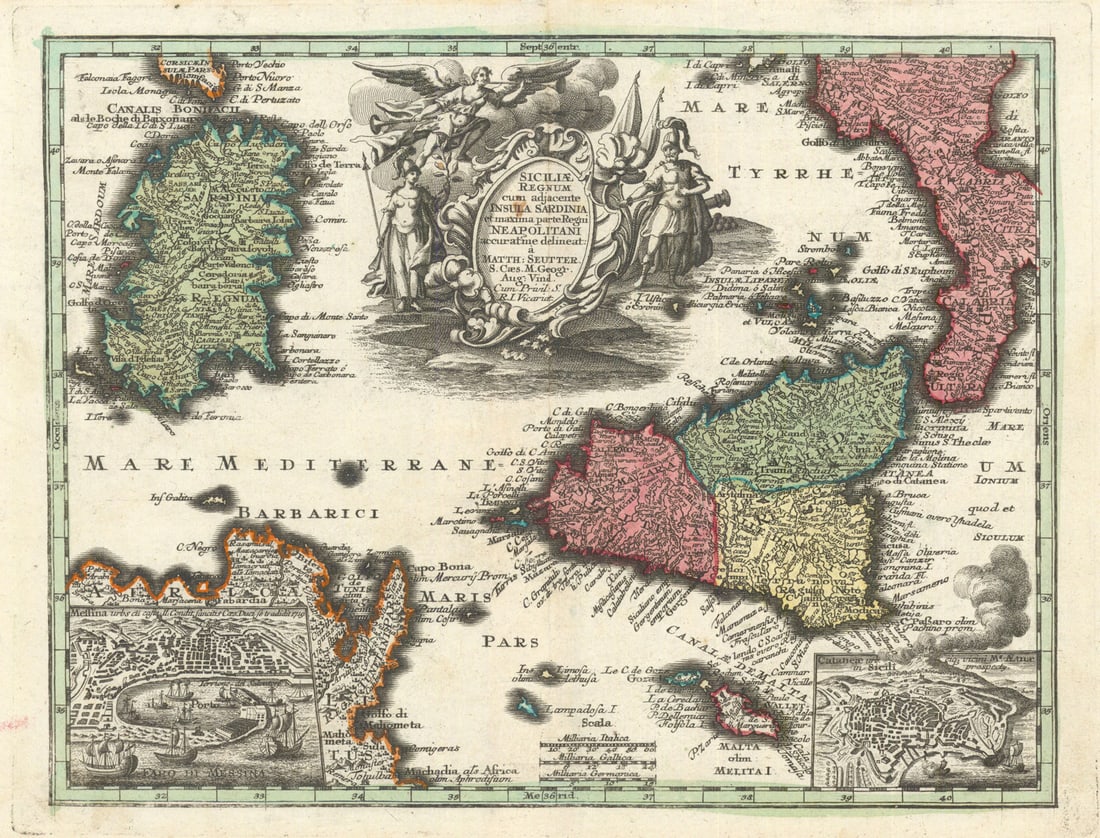 Siciliae Regnum cum adjacente Insula Sardinia. Sicily. Seutter c1744 old map (1 of 1)