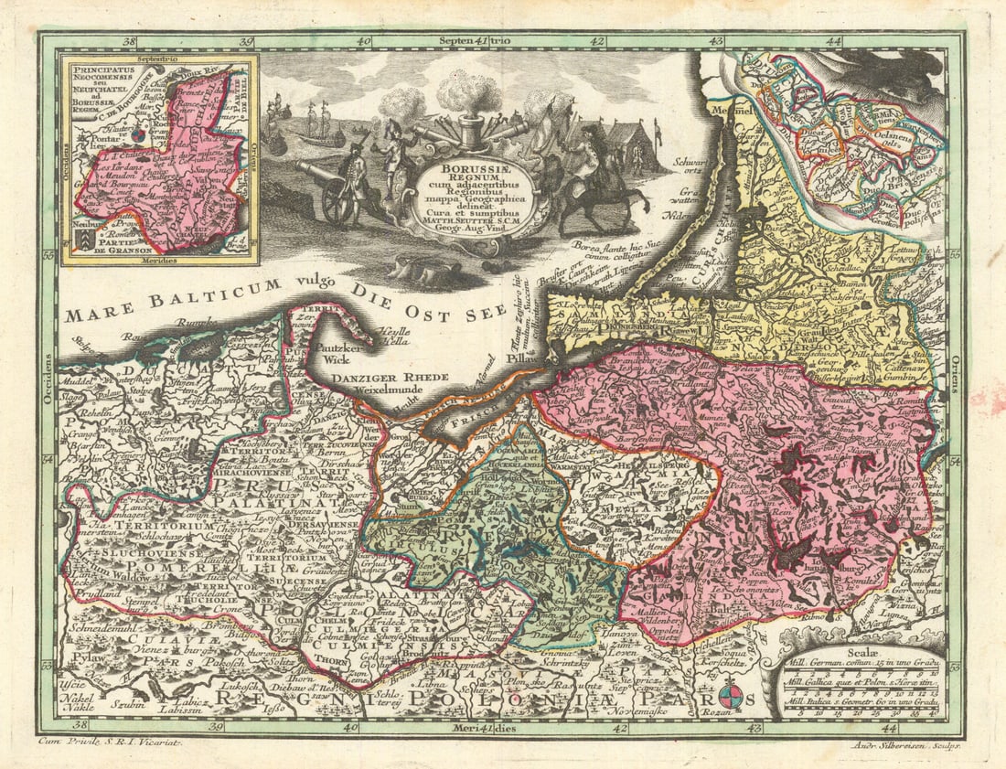 Borussiae Regnum… Kingdom of Prussia, now Poland/Kaliningrad. Seutter c1744 map: Borussiae Regnum cum adjacentibus Regionibus mappa Geographica delineat Cura et Sumptibus Matth. Seutteri, S.C.M. Geogr. Aug. Vind. C. Andr. Silbereisen Sculps. [Kingdom of Prussia with neighboring