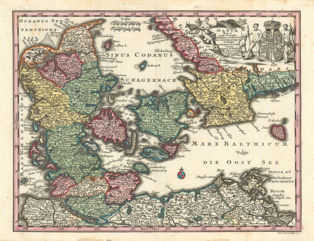 Daniae Reg. cum Ducatu Holsatiae & Slesvici… Denmark & Scania. Seutter c1744 map (1 of 1)