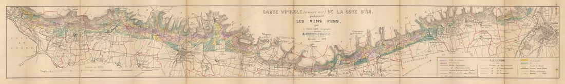 Carte vinicole… de la Côte d'Or produisant les vins fins. Thuillier 1879 map: Carte vinicole (versant est) de la Côte d'Or produisant les vins fins'. A very uncommon 19th-century wine map of the east-facing slope of the Côte d’Or, and one of the earliest