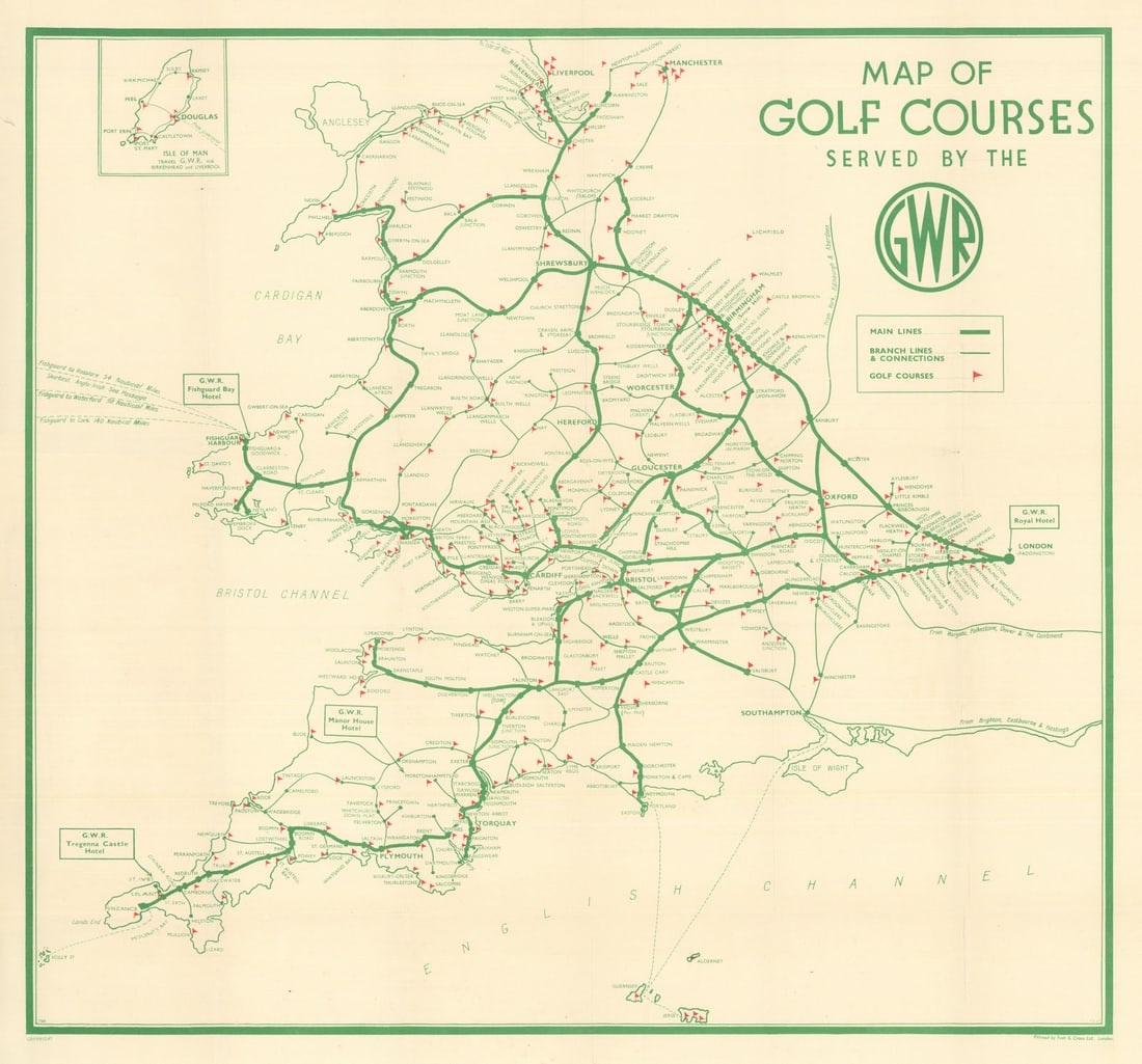 Map of Golf Courses Served by the G.W.R. Southwest England & Wales 1939: Map of Golf Courses Served by the GWR'. Printed by Fosh & Cross Ltd., London. Published 1939. Vintage colour leisure map, bound into into a booklet. Size 49 x 52 cm | 19.0 x 20.5 inches. Condition: Go