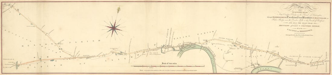 Plan of the turnpike road from… Kensington through Hammersmith… Potter 1814 map: Plan of the turnpike road from Counter’s Bridge in the parish of Kensington through Hammersmith, Turnham Green, Brentford & Hounslow to Baber Bridge near the Powder Mills in the Parish of Be