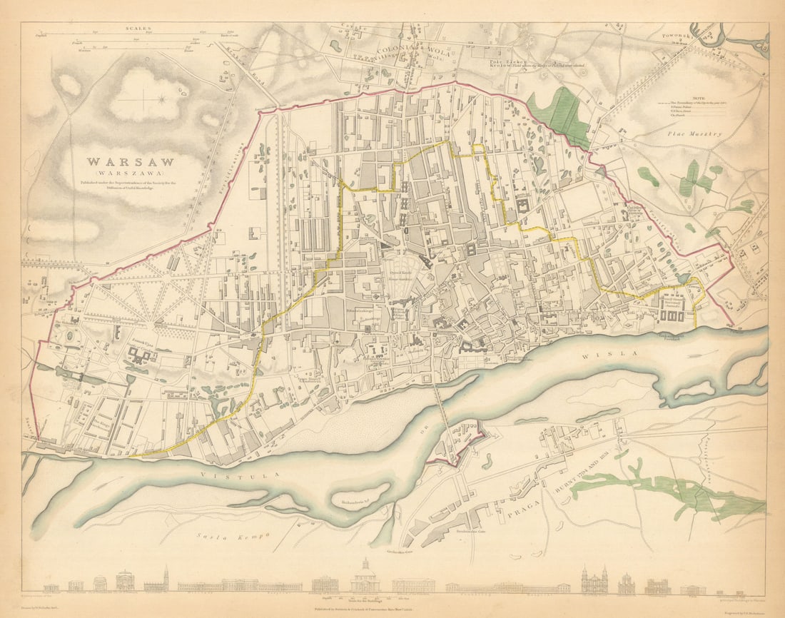 WARSAW WARSZAWA antique town city map plan. Building profiles. Colour. SDUK 1847 (1 of 1)