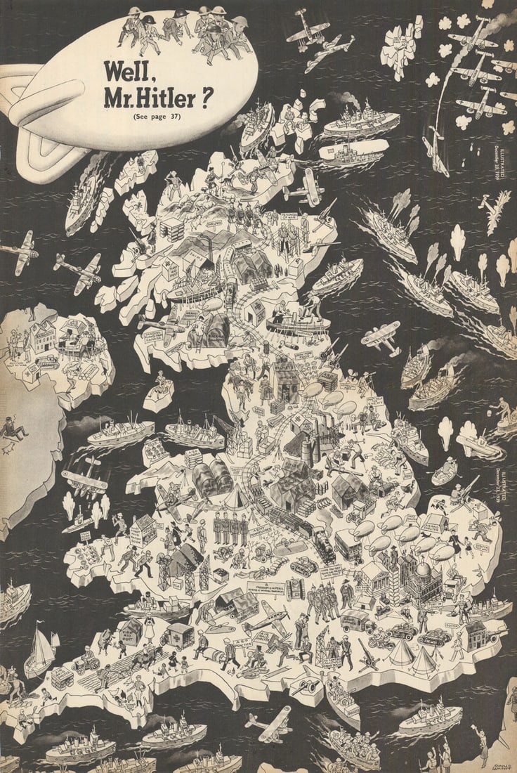 Well, Mr. Hitler? World War Two Serio-comic Satirical map. Ronald Lampitt 1939: Well, Mr. Hitler?'. A bustling and patriotic comic map of Britain by Ronald Lampitt, published at the height of the early-Second World War “Phoney War” period. Lampitt presents the United