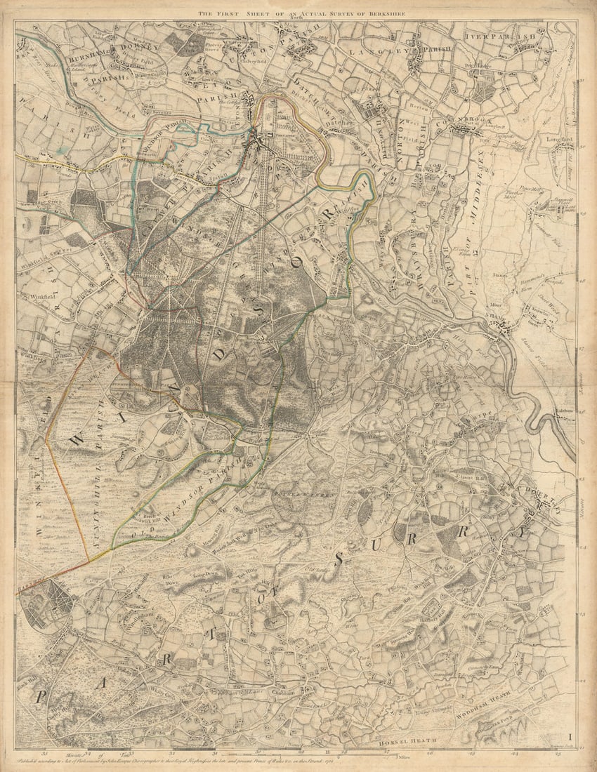 Thames Valley & Windsor Great Park. Eton Staines Chertsey Bray. Rocque 1761 map: [Sheet 1 from John Rocque's A Topographical Survey of the County of Berks]. A single map sheet from John Rocque’s scarce eighteen-sheet A Topographical Survey of the County of Berks (1761). We c