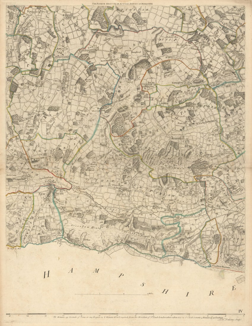 West Berkshire. Newbury, Thatcham, Aldermaston & Woolhampton. Rocque 1761 map: [Sheet 4 from John Rocque's A Topographical Survey of the County of Berks]. A single map sheet from John Rocque’s scarce eighteen-sheet A Topographical Survey of the County of Berks (1761). We c