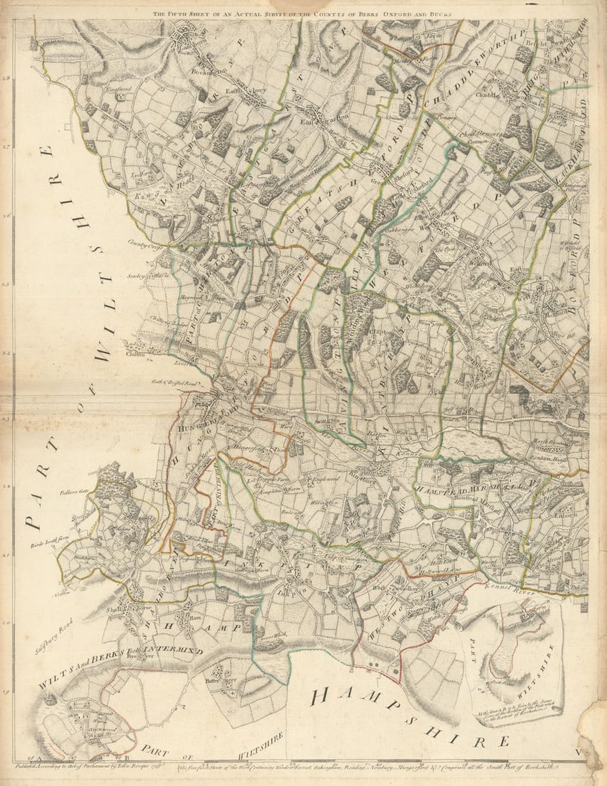West Berkshire. Hungerford, Lambourn, Kintbury & Great Shefford. Rocque 1761 map: [Sheet 5 from John Rocque's A Topographical Survey of the County of Berks]. A single map sheet from John Rocque’s scarce eighteen-sheet A Topographical Survey of the County of Berks (1761). We c