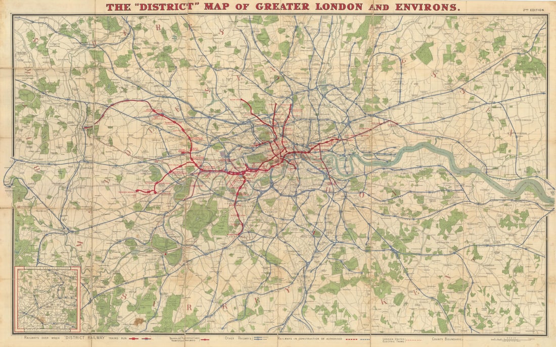 The "District" Map of Greater London & Environs. District Railways tube map 1908: The "District" Map of Greater London and Environs'. Published by Sampson Low, Marston & Company Ltd., St Dunstan's House, Fetter Lane, London EC for District Railways. Published Second edition 1908.