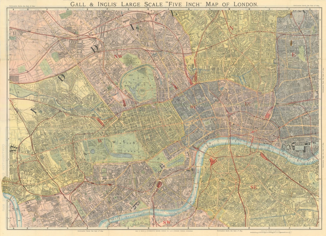 Gall & Inglis' Large Scale "Five inch" map of London 75x103cm c1900 old: Gall & Inglis' Large Scale "Five inch" map of London' by Gall, James & Inglis, Robert. Published c1900. Antique folding colour city plan. Size 75 x 104 cm | 29.5 x 40.5 inches. Condition: Good;