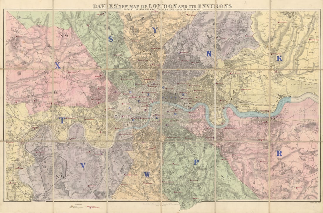 Davies' New Map of London. Police Districts & stations. Stanford 75x115cm 1881: Davies' New Map of London [shewing Police Districts] and its Environs showing the new railways, stations and other improvements by Stanford, Edward. Published February 2nd 1881. Antique linen backed