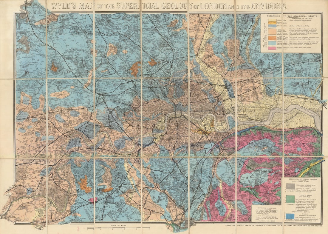 Wyld's Map of the Superficial Geology of London and its Environs c1878 old: Wyld's Map of the Superficial Geology of London and its Environs' by Wyld, James. Published c1878. True Datum is given as 1870. Folding colour linen-backed geological city plan, in original board