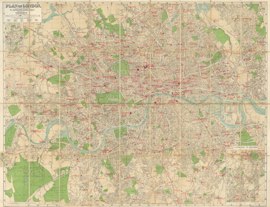 Plan of London divided into half mile squares c1920 old antique map chart: Plan of London divided into half mile squares' by Gross, Alexander. Published c1920. Antique colour linen backed folding map in green board wrapper with index. Size 77 x 100 cm | 30.0 x 39.0 inches. C