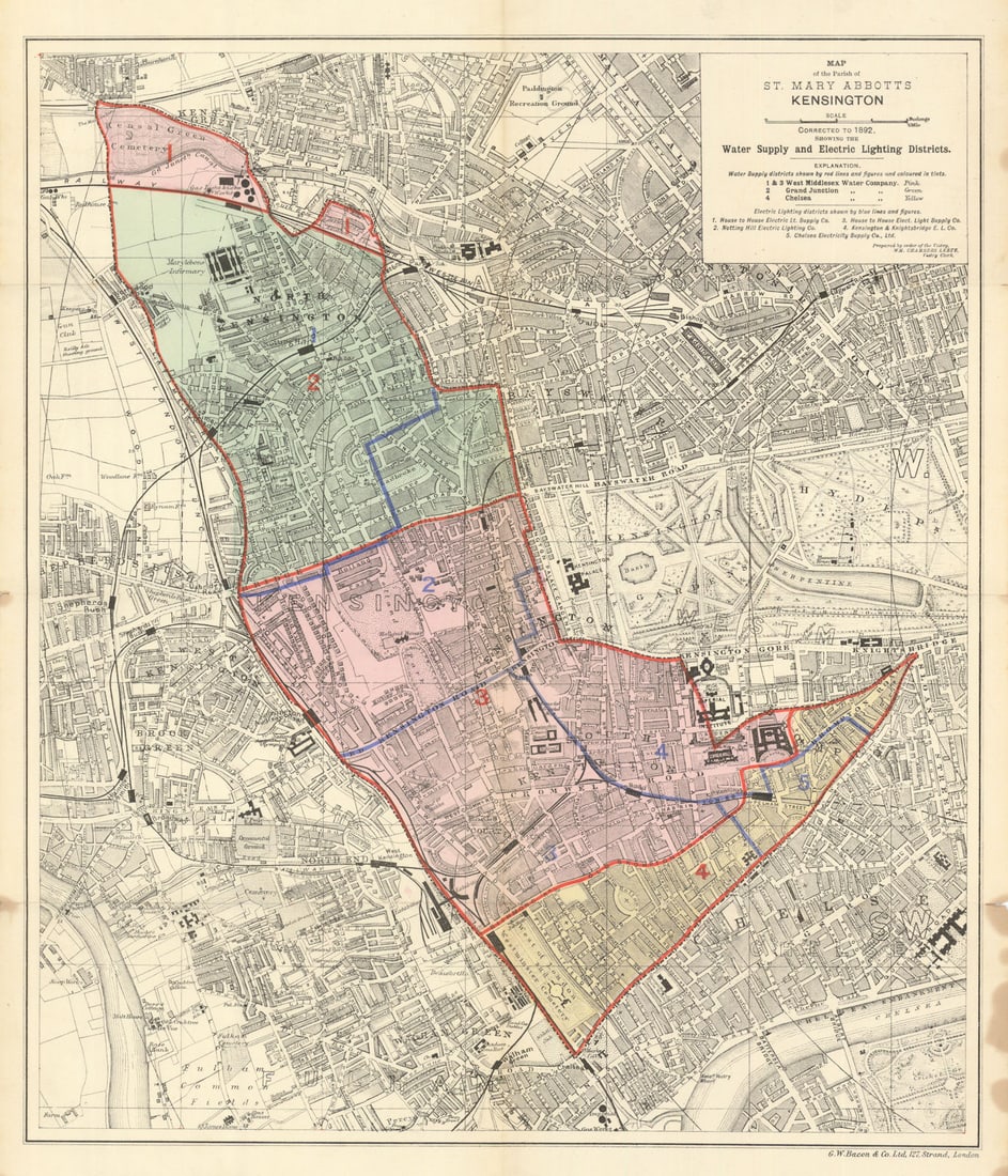 The Parish of St. Mary Abbotts Kensington. Water/Electric. Bacon/Leete 1892 map: Map of the Parish of St. Mary Abbotts Kensington. Corrected to 1892. Showing the Water Supply and Electric Lighting Districts'. Kensington parish map. Imprint in margin bottom right. Shows ward bounda