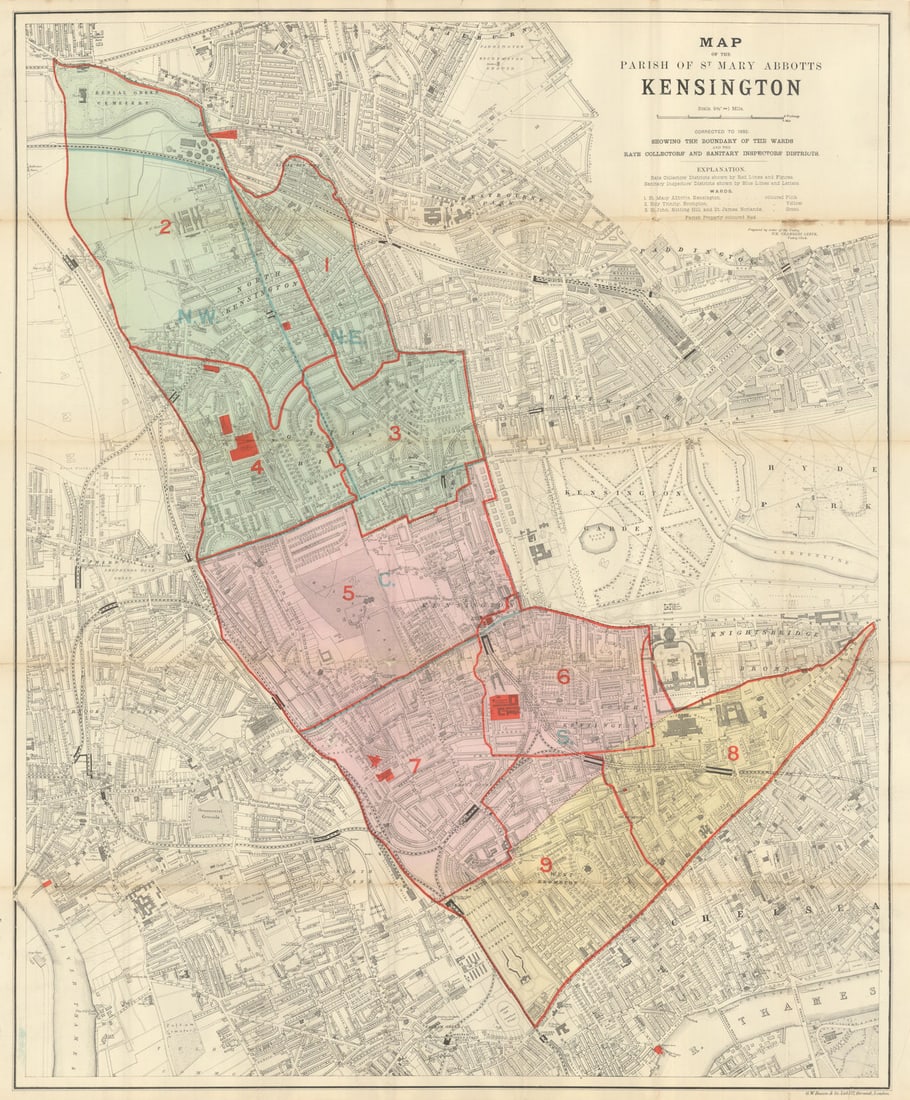 Map of the Parish of St. Mary Abbotts Kensington. Wards. Bacon/Leete 1892: Map of the Parish of St. Mary Abbotts Kensington. Corrected to 1892. Showing the Boundary of the Wards and the Rate Collectors' and Sanitary Inspectors' Districts'. Kensington parish map. Imprint in m
