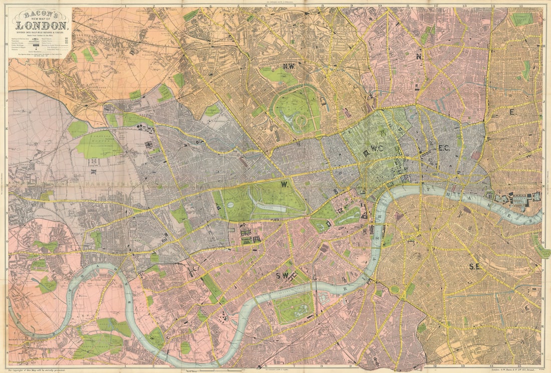 Bacon's New Map of London by George Bacon 67x100cm 1897 old antique chart: Bacon's New Map of London Divided into Half Mile Squares & Circles' by Bacon, George Washington & Co. Published 1897 [dated in accompanying advertisements]. Antique colour linen backed folding map