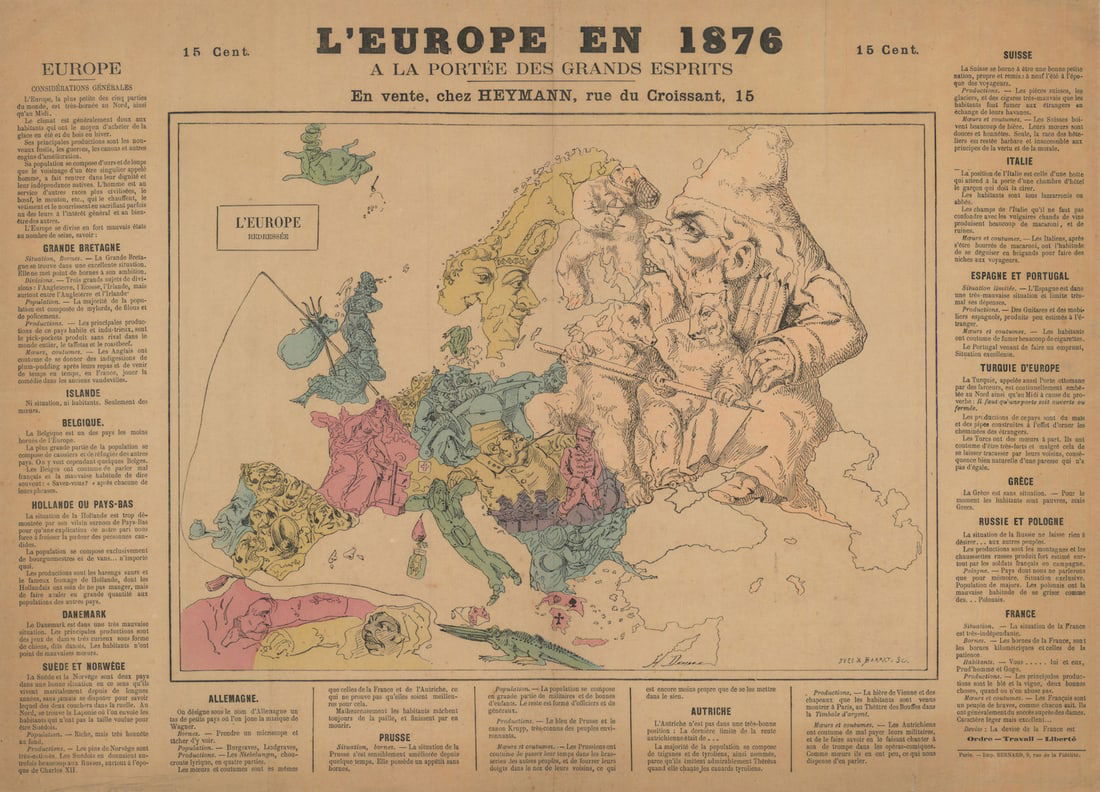 L'Europe en 1876 a la portée des grands esprits. Serio-comic Satirical Map 1876: L'Europe en 1876 a la portée des grands esprits / Europe redressée'. This rare French serio-comic satirical map of Europe from 1876 portrays each nation as a symbolic caricature