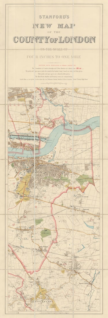 Stanford's New Map of the County of London—East. Woolwich Barking. 140x47cm 1907: Stanford's [New] Map of the County of London [East]. The title sheet plus sheets 10, 15 & 20 from Stanford's 20 sheet New Map of the County of London dissected and laid down onto linen, covering e