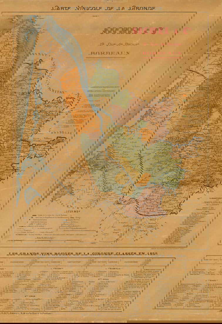 Carte Vinicole de la Gironde. Bordeaux Wine. Féret for Sichel & Co c1929 map: Carte Vinicole de la Gironde - Sichel & Co.'. Féret et fils for Sichel & Co.. Published c1929. Antique colour wine map. Size 48 x 39 cm | 19.0 x 15.0 inches. Condition: Good; suitable for fra