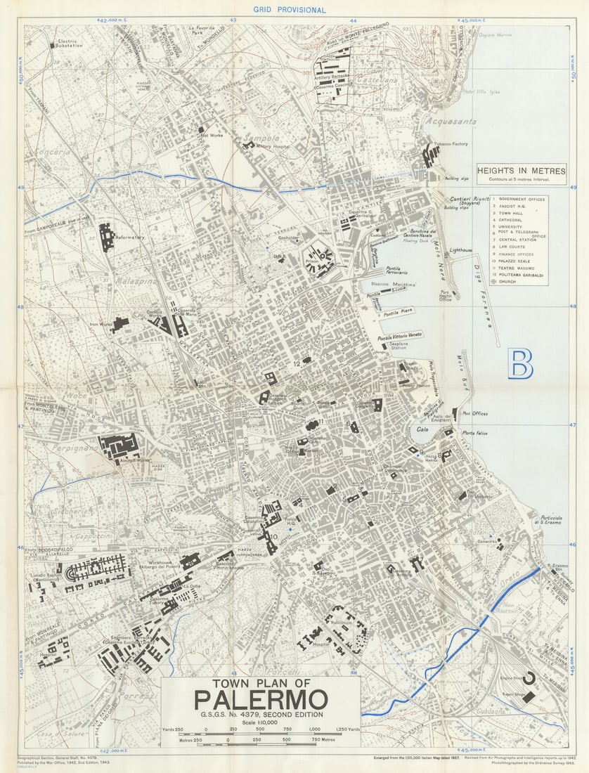 Town Plan of Palermo—GSGS Secret WW2 British military occupation map. June 1943: Town Plan of Palermo—G.S.,G.S. No. 4379, Second Edition'. An official British military town plan of Palermo, issued in 1943, offered together with the original front cover of the Sicily Zone Han