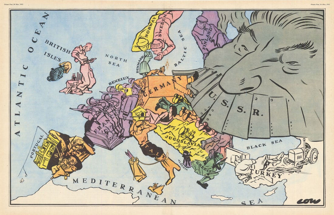 Serio-comic Satirical Map of Cold War Europe by David Low. Picture Post 1952: [Untitled Satirical Map of Cold War Europe]. David Low’s untitled 1952 serio-comic map captures Europe at a moment of intense Cold War anxiety. Britain appears as a gaunt figure tightening his b