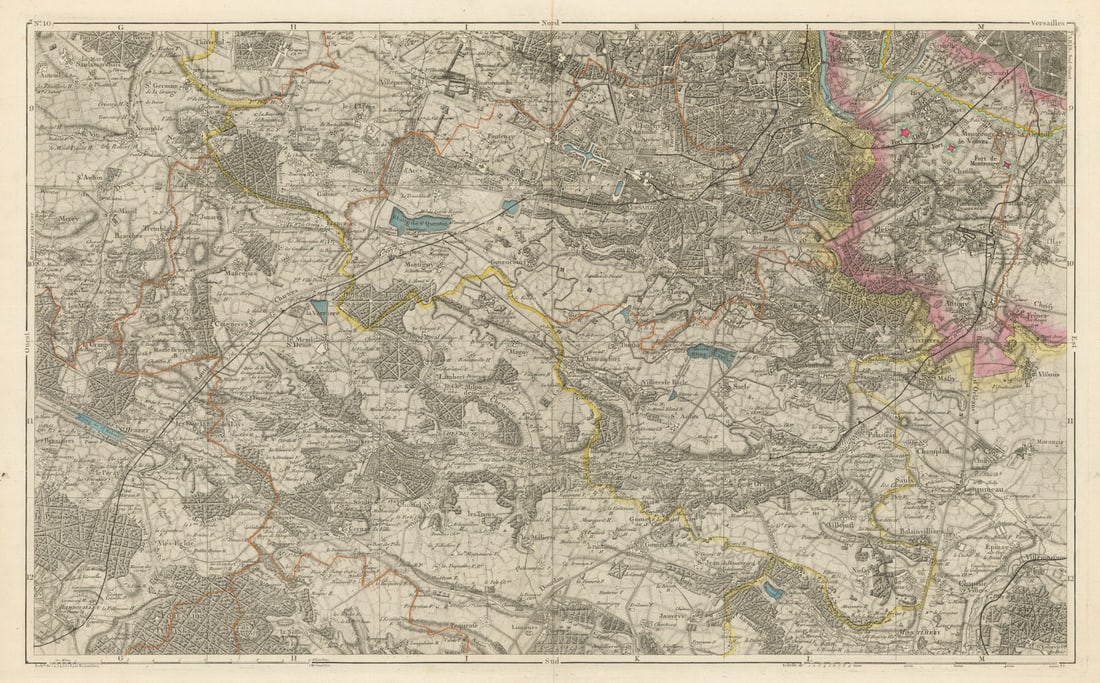 SW Paris—Yvelines—Essonne—Hts-de-Seine. Versailles Boulogne-Billancourt 1856 map: Versailles'. The map covers part of Yvelines, Essonne and Hauts-de-Seine including Paris (south west), Versailles, Boulogne-Billancourt, Issy-les-Moulineaux, Trappes, Coignières, Guyancourt, Plai