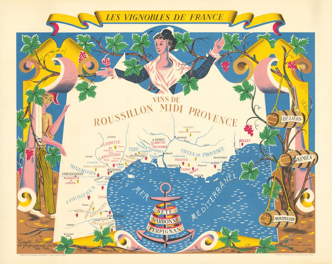 Vins du ROUSSILLON MIDI PROVENCE WINE MAP Vignobles de France. Rémy HETREAU 1954: Les Vignobles de France - Vins de Roussillon - Midi - Provence / Sete - Narbonne - Perpignan - Béziers - Nimes - Montpellier'. Rémy Hétreau (1913-2001) was French painter, graphic artis