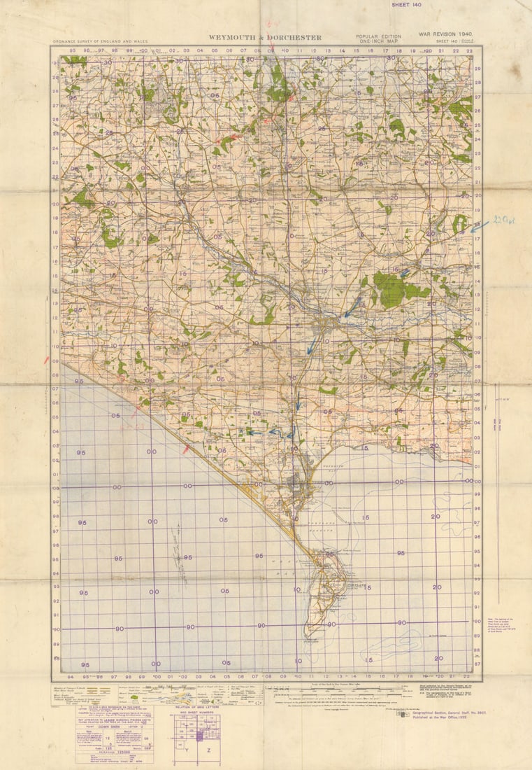 Weymouth & Dorchester GSGS pre-D-Day US Army marshalling annotations? c1944 map: Weymouth & Dorchester — War Revision 1940 — Sheet 140 — Geographical Section, General Staff No. 3907 [with manual annotations]. [Dorset / WWII / Military mapping] Weymouth &