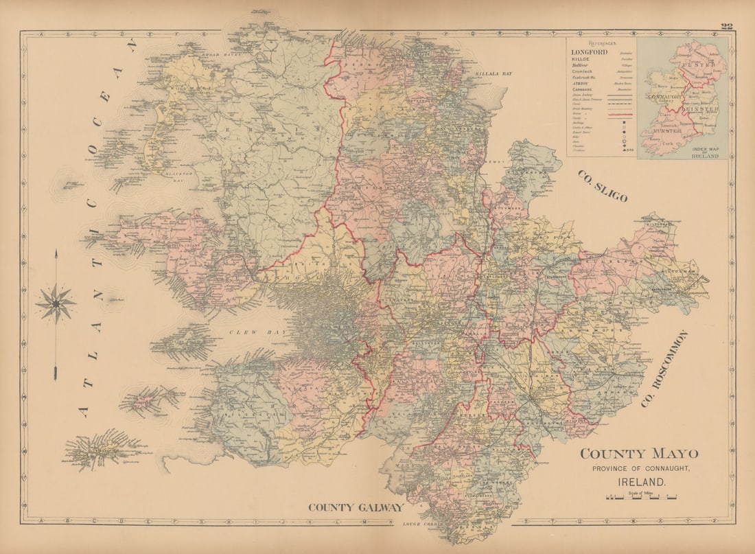 County Mayo—Connaught—Ireland—parishes & baronies—L. J. Richards 1901 old: County Mayo—Province of Connaught—Ireland'. L. J. Richards & Company. Published 1901. Large antique hand coloured county map. Size 72 x 52 cm | 28.0 x 20.5 inches. Condition: Good; suitabl